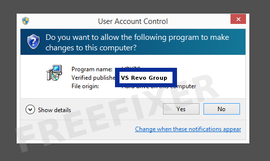 Screenshot where VS Revo Group appears as the verified publisher in the UAC dialog